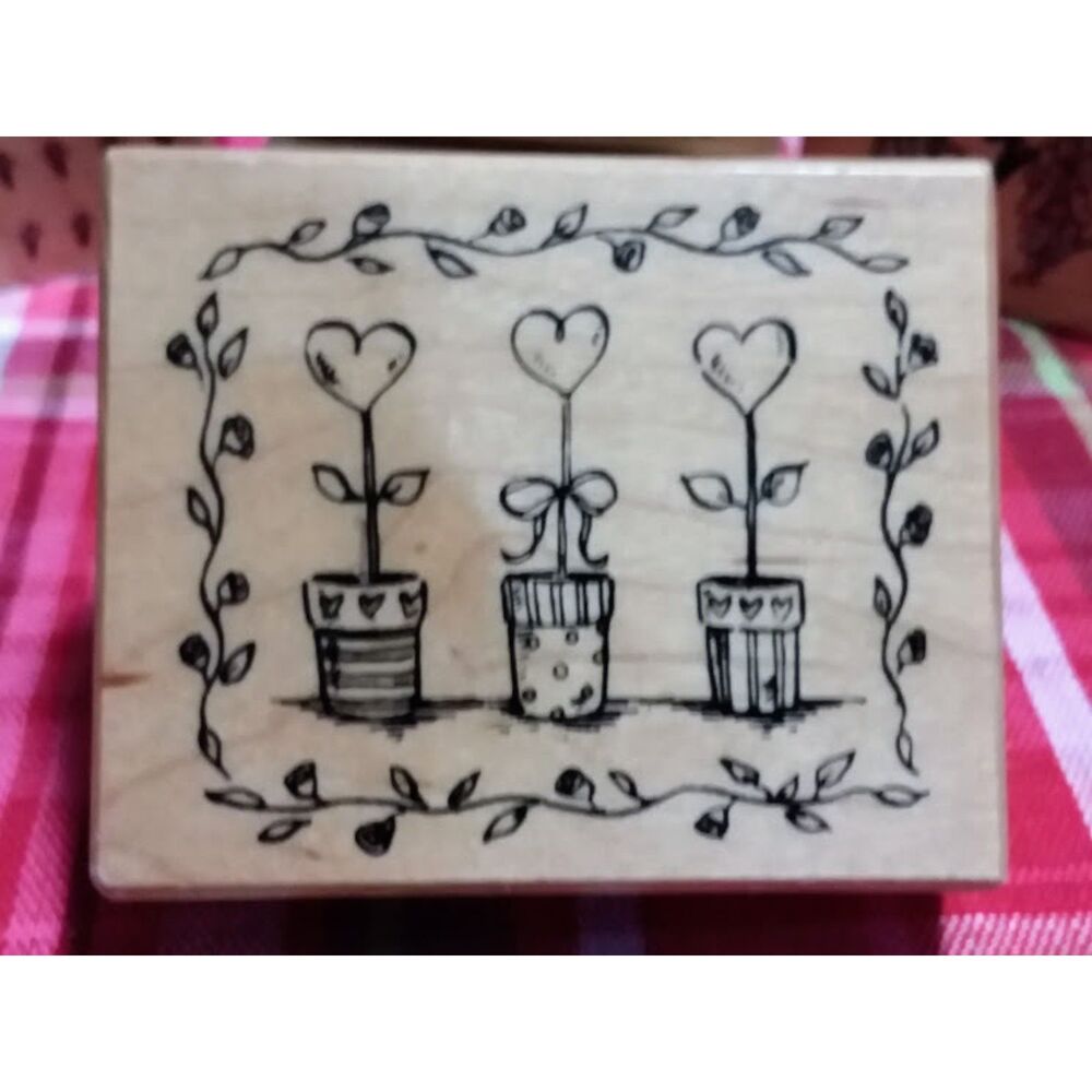 2002 PSX Wood Rubber Stamp G-3369 Hearts Flower Pots Floral Vines Vintage